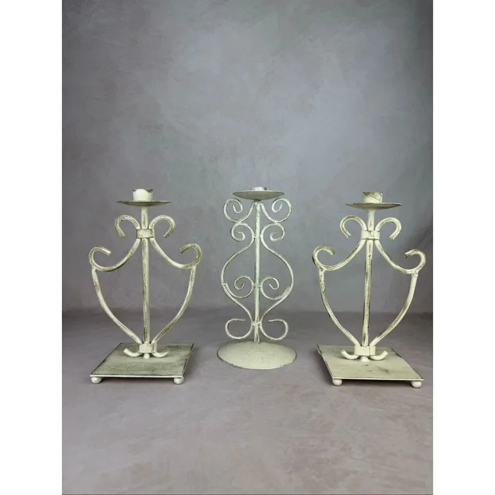 Vintage 90s Ivory Iron Candlestick Holders Scroll Cottagecore Shabby Chic Set of